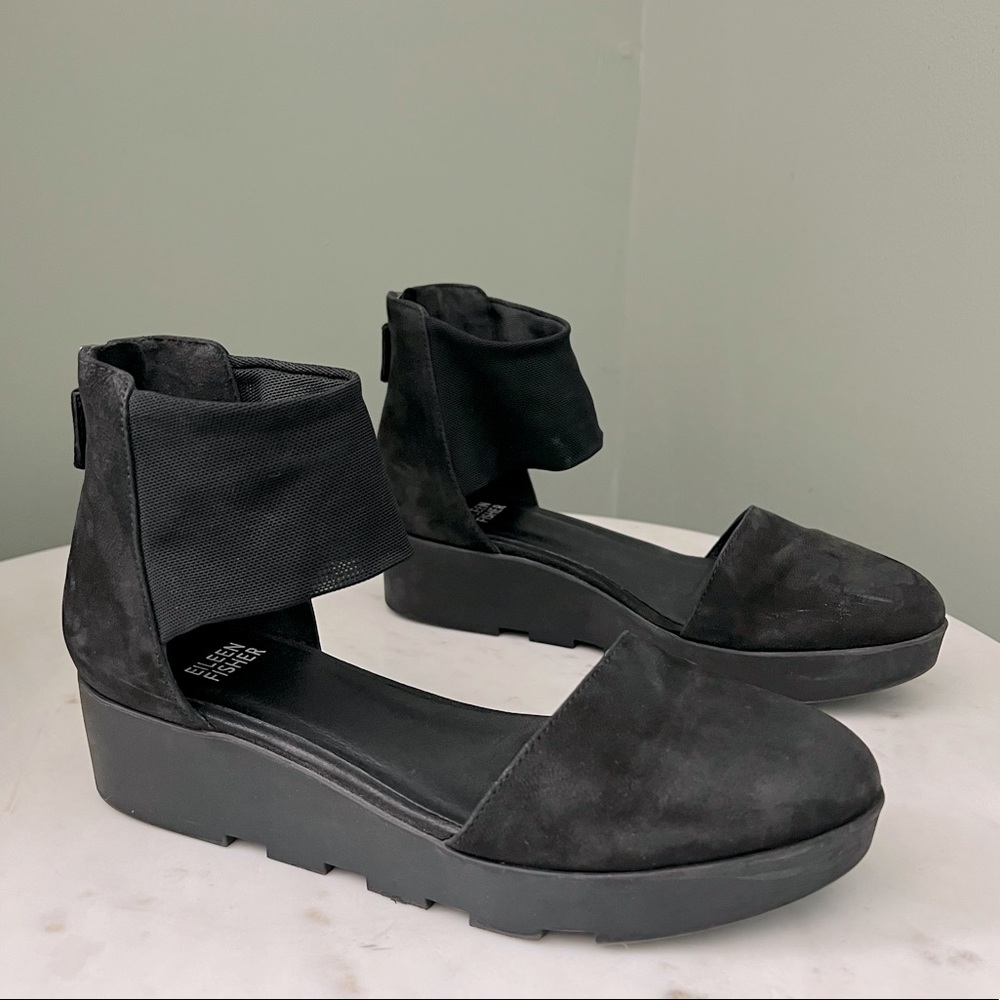 Eileen Fisher black nubuck mesh wedge shoes 6